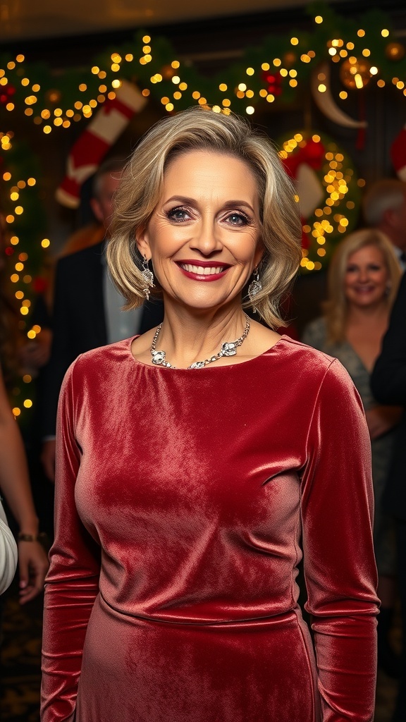 A fashionable woman in a velvet dress at a Christmas party with festive decor.